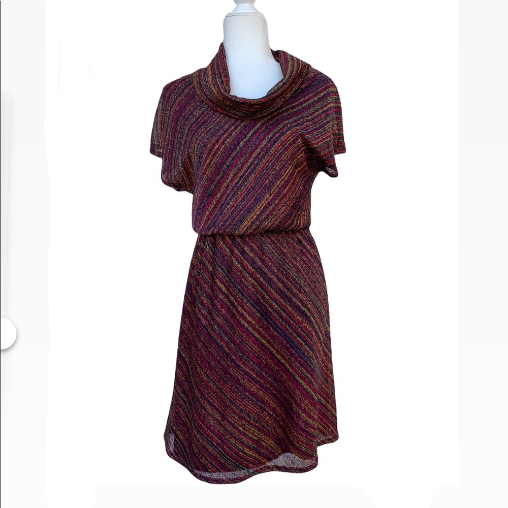 Ellen Tracy Cowel Neck Striped Mini Dress Short Sleeve
